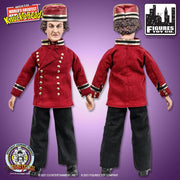 Front and back view of Larry Three Stooges action figure in red bellhop jacket with gold buttons, black trim, and red pillbox hat, standing with black pants and shoes.