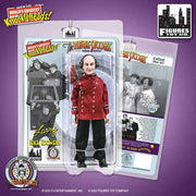 Larry action figure in red bellhop jacket and black pants, in packaging with the text 'The Three Stooges' in red above.