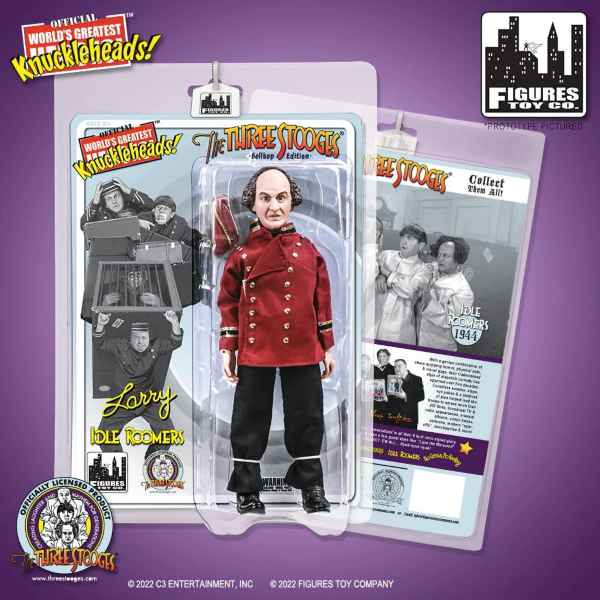 Larry action figure in red bellhop jacket and black pants, in packaging with the text 'The Three Stooges' in red above.