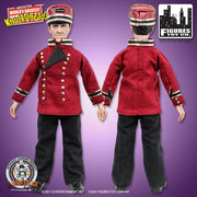 Front and back views of the Moe action figure out of packaging, showing the red jacket with gold trim and black pants, and a red cap labeled 'CAPTAIN'.