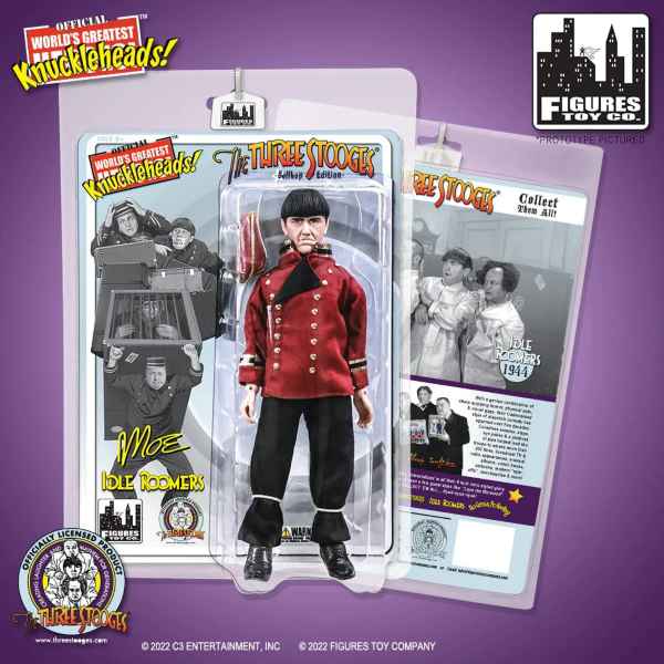 Packaged view of red bellhop-uniformed Moe action figure featuring The Three Stooges logo with the text 'The Three Stooges' in yellow at the top of the card.