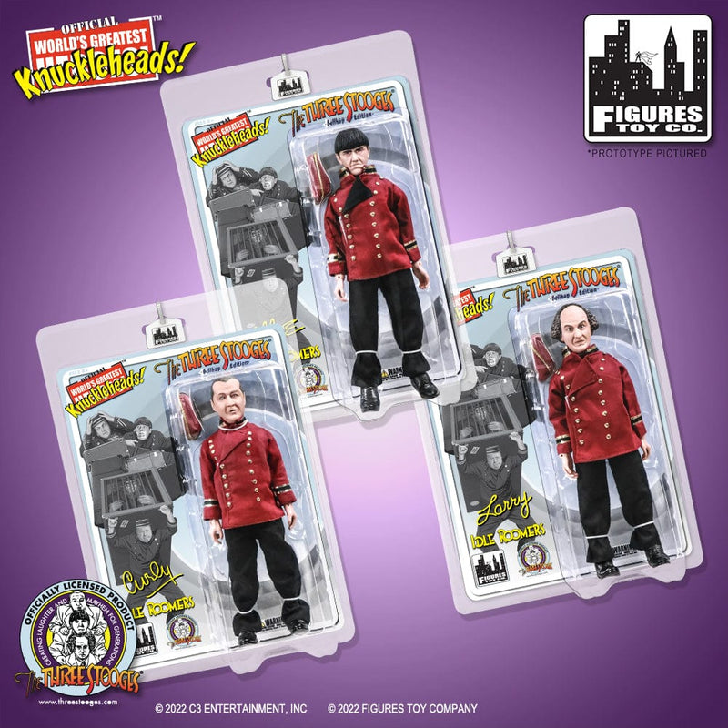 Three 8-inch Three Stooges action figures in red bellhop jackets and black pants, each in packaging with the text 'Idle Roomers' in black on the card.