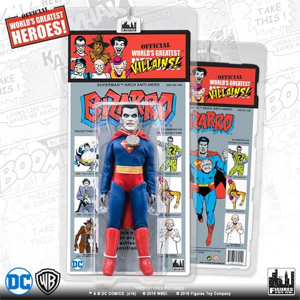 Blue and red Bizarro action figure in clear package with the text 'BIZARRO' in blue and red letters across a grey card.