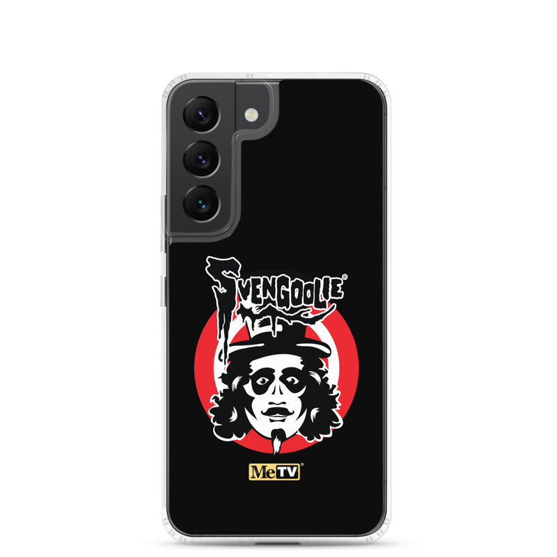 Black Samsung case featuring the Svengoolie face logo with the text 'Svengoolie' in black above a red circle, with a small MeTV logo at the bottom.