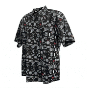 Animated 3/4 view of black short-sleeved button-up shirt with an all-over Svengoolie print of faces, bats, coffins, and 'MeTV' logo in white.