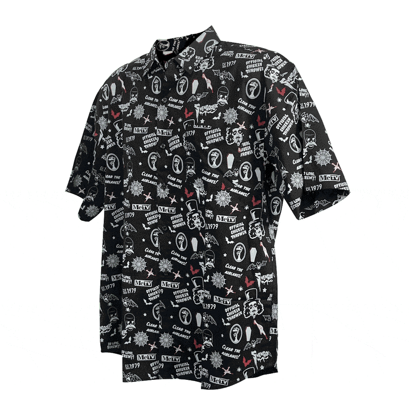 Animated 3/4 view of black short-sleeved button-up shirt with an all-over Svengoolie print of faces, bats, coffins, and 'MeTV' logo in white.