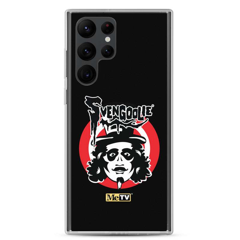 Black Samsung case featuring the Svengoolie face logo with the text 'Svengoolie' in black above a red circle, with a small MeTV logo at the bottom.