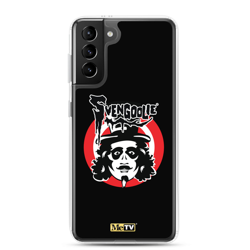 Black Samsung case featuring the Svengoolie face logo with the text 'Svengoolie' in black above a red circle, with a small MeTV logo at the bottom.