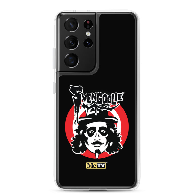 Black Samsung case featuring the Svengoolie face logo with the text 'Svengoolie' in black above a red circle, with a small MeTV logo at the bottom.