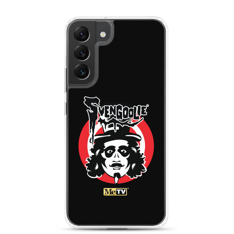 Black Samsung case featuring the Svengoolie face logo with the text 'Svengoolie' in black above a red circle, with a small MeTV logo at the bottom.