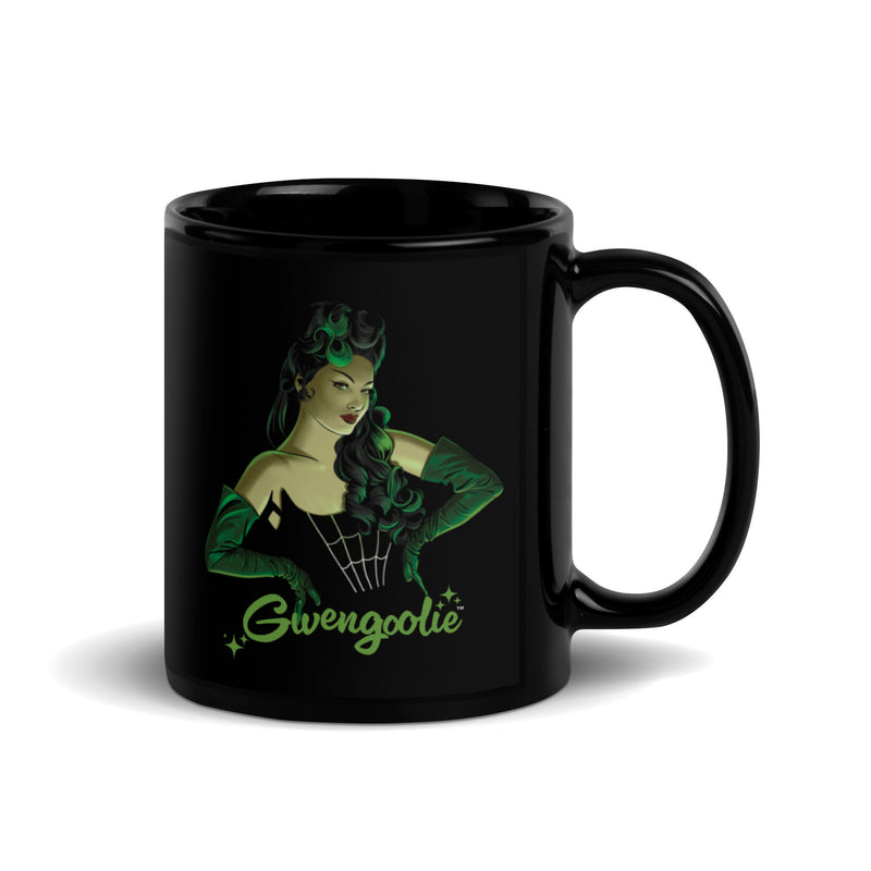 Black ceramic mug featuring a green pin-up illustration of Gwengoolie with the text 'Gwengoolie' in green below her.