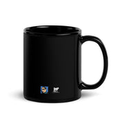 Back view of black glossy mug featuring a small blue Imp portrait logo with the text 'iMP' in white near the bottom left.