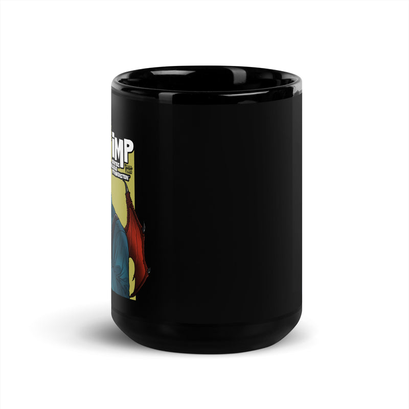 Side view of black mug featuring the Imp character with red wings on yellow, with the text 'iMP' in white at upper left.