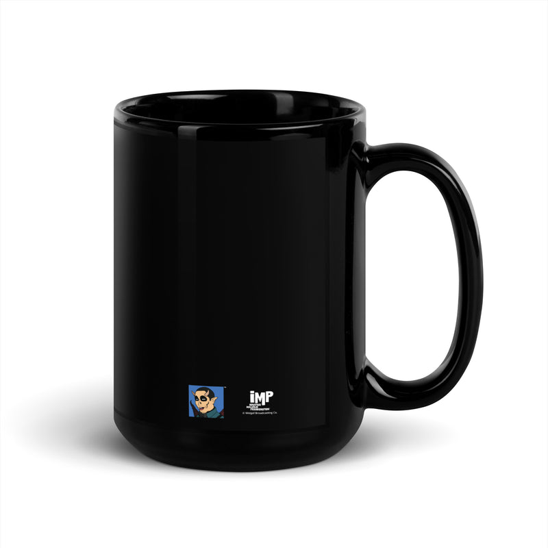 Back view of a glossy black mug featuring a small blue Imp character portrait and white 'iMP' logo near the bottom left.