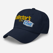 Angled view of navy dad hat featuring the yellow Collector's Call logo embroidered across front panel