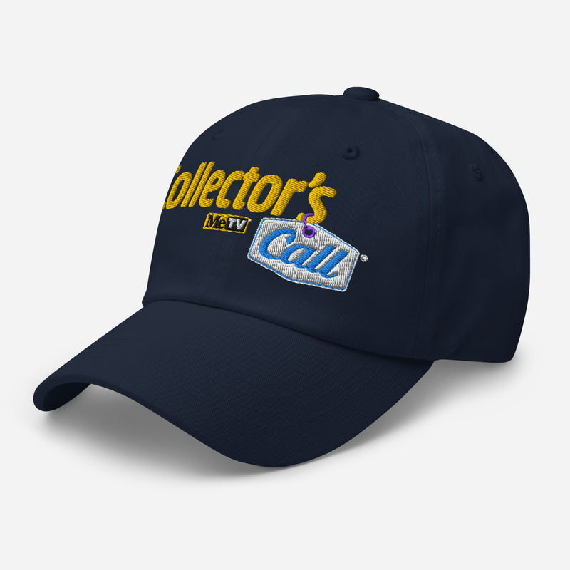 Angled view of navy dad hat featuring the yellow Collector's Call logo embroidered across front panel
