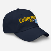 Side view of navy dad hat featuring the yellow Collector's Call logo embroidered across front panel