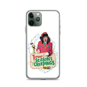 Front of a dark green iPhone 11 Pro in the clear Sventa Claus case, showing the Svengoolie and Kerwyn artwork with the MeTV logo below the sign.