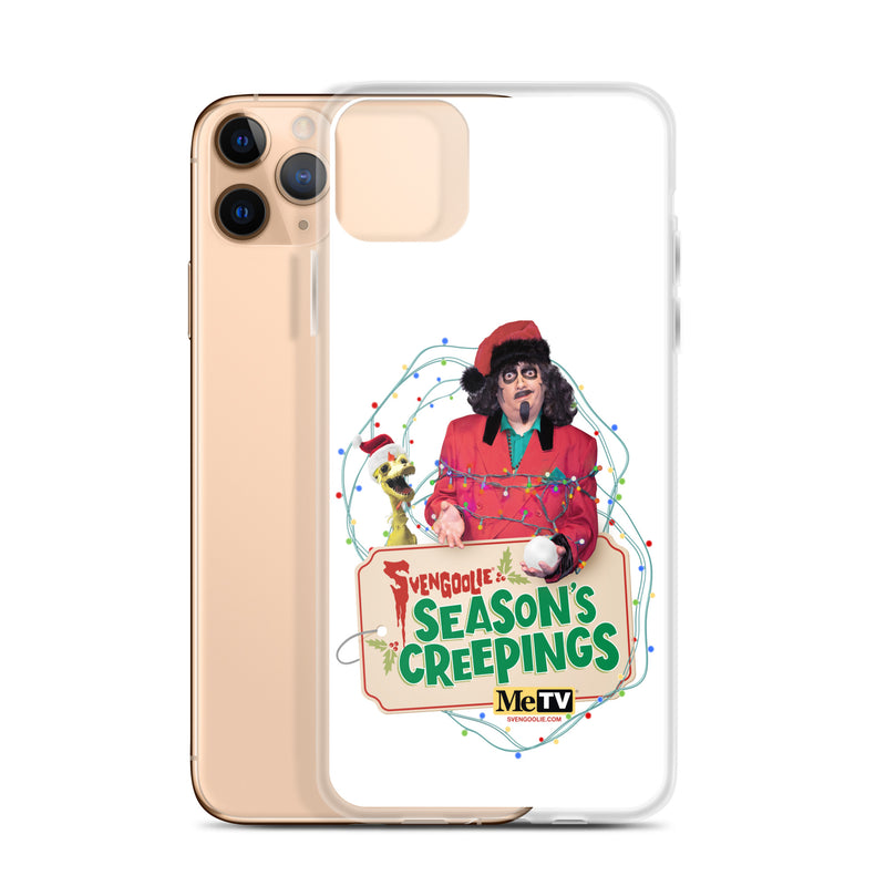 Angled view of the Sventa Claus case beside a gold iPhone 11 Pro Max, showing the Svengoolie and Kerwyn artwork on the case's front.