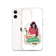 Angled view of the iPhone 12 case showing the Svengoolie Season's Creepings design on the front panel beside the phone's camera side.