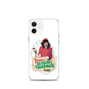 Front of a white iPhone 12 mini in the clear Sventa Claus case, showing the Svengoolie and Kerwyn artwork with the MeTV logo below the sign.