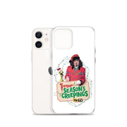 Angled view of the Sventa Claus case beside a white iPhone 12 mini, showing the Svengoolie and Kerwyn artwork on the case's front.