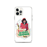 Back of the iPhone 12 Pro case showing camera cutouts, with the Svengoolie Season's Creepings design on the front panel.