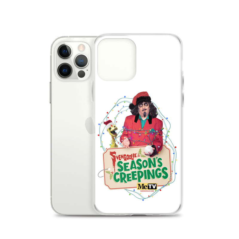 Angled view of the iPhone 12 Pro Max case showing the Svengoolie Season's Creepings design on the front panel.