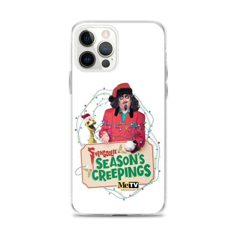 Front of a silver iPhone 12 Pro Max in the clear Sventa Claus case, showing the Svengoolie and Kerwyn artwork with the MeTV logo below the sign.