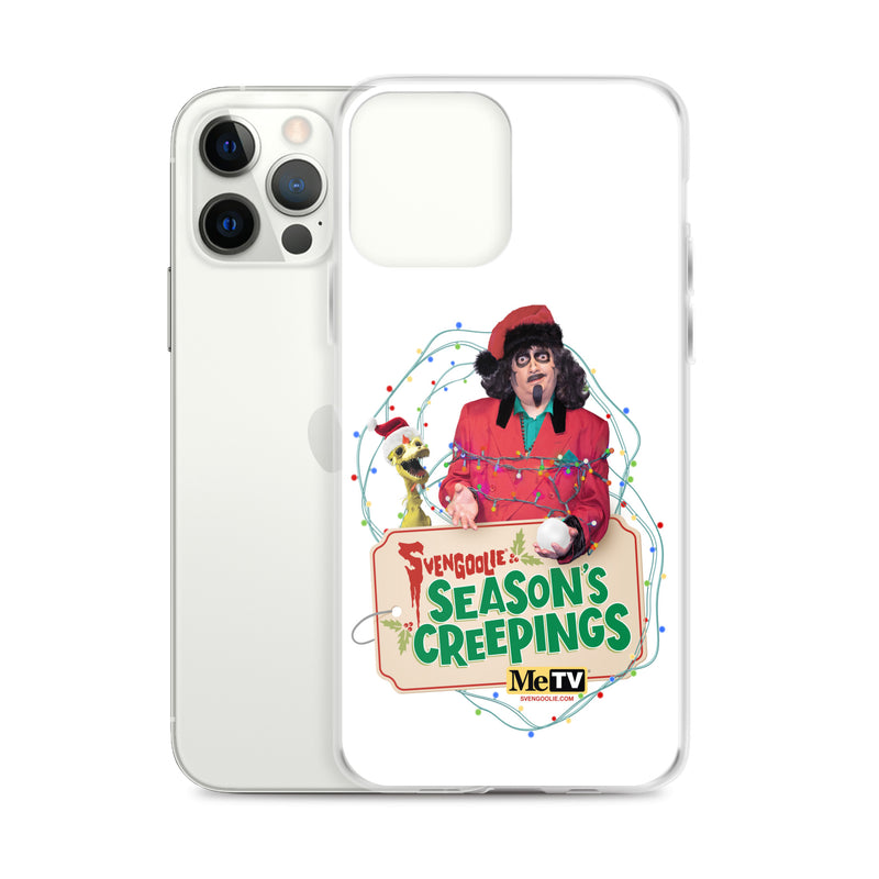 Angled view of the iPhone 12 Pro case showing the Svengoolie Season's Creepings design on the front panel beside the phone's camera side.