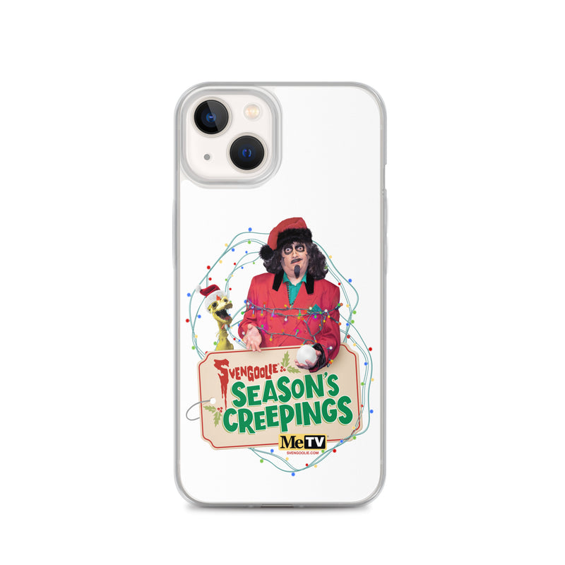 Back of an iPhone 13 in the Sventa Claus & Kerwyn Wrapped Up case, showing the clear back with camera cutouts.