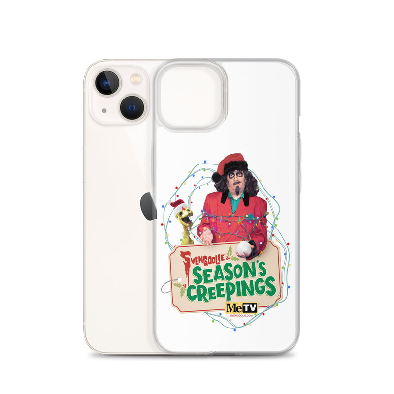 Back of an iPhone 13 in the Sventa Claus & Kerwyn Wrapped Up case, with the clear back and camera cutouts visible.