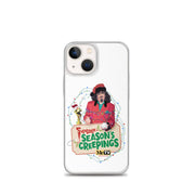 Straight-on view of the iPhone 13 mini case showing the Svengoolie Season's Creepings design with Kerwyn and Svengoolie in holiday lights.