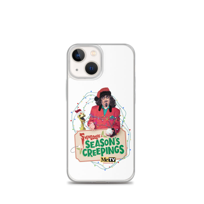 Straight-on view of the iPhone 13 mini case showing the Svengoolie Season's Creepings design with Kerwyn and Svengoolie in holiday lights.