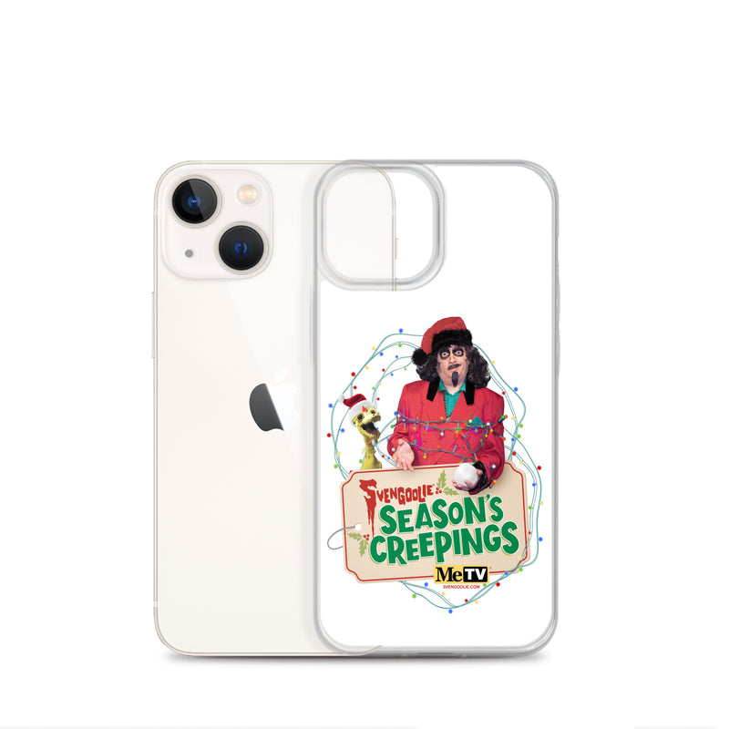 Angled view of the iPhone 13 mini case showing the Svengoolie Season's Creepings design on the front panel beside the phone's back.