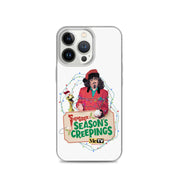 Clear iPhone case featuring Sventa Claus and Kerwyn with the text 'Svengoolie & Season's Creepings' in red and green.
