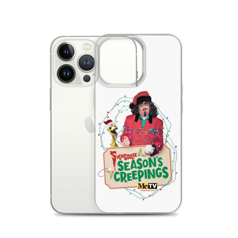Back of an iPhone beside the front of the Sventa Claus & Kerwyn Wrapped Up case, showing the clear back and the printed holiday design.