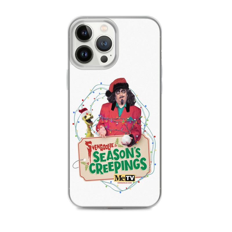Straight-on view of the iPhone 13 Pro Max case showing the Svengoolie Season's Creepings design with Kerwyn in a Santa hat.