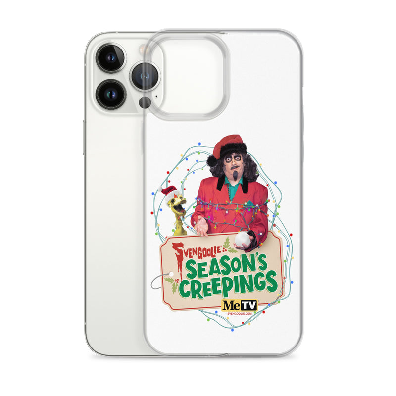 Angled view of the iPhone 13 Pro Max case showing the Svengoolie Season's Creepings design on the front panel beside the phone's camera side.