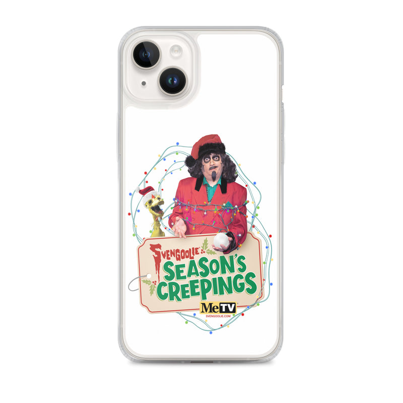 Close-up of an iPhone 14 in the Sventa Claus & Kerwyn Wrapped Up case, showing the holiday design printed on the white front panel.