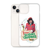 Angled view of an iPhone 14 in the Sventa Claus & Kerwyn Wrapped Up case, showing the clear back and camera cutouts.
