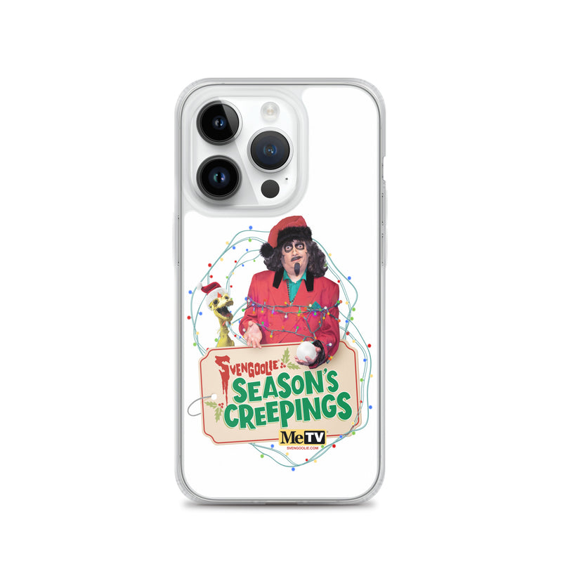 Front of an iPhone 14 Pro in the Sventa Claus & Kerwyn Wrapped Up case, showing Svengoolie and Kerwyn holiday design framed by the case edges.