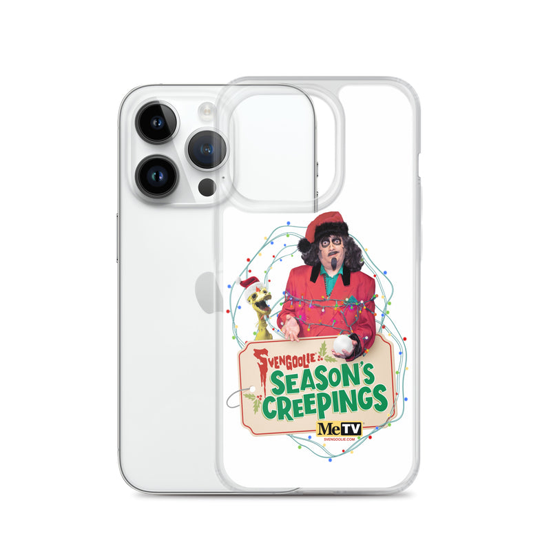 Back of an iPhone 14 Pro beside the front of the Sventa Claus & Kerwyn Wrapped Up case, showing the clear back and printed design.