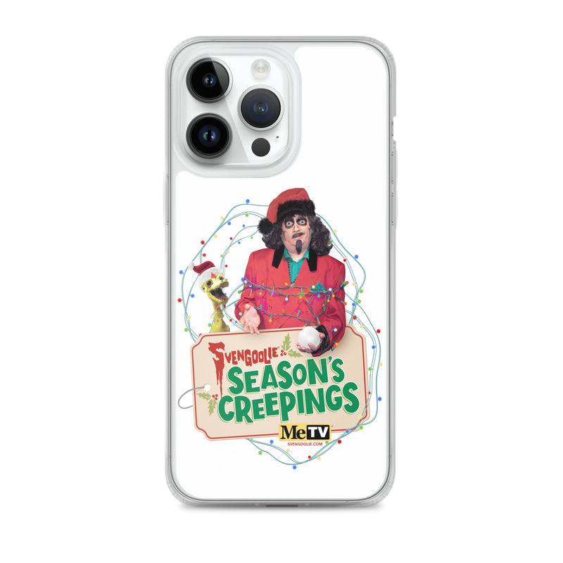 Iphone 14 Pro in the Sventa Claus & Kerwyn Wrapped Up case, showing the design on the front and camera cutouts on the back.