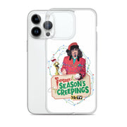 Back of an iPhone 14 Pro Max in the Sventa Claus & Kerwyn Wrapped Up case, showing the clear back with camera cutouts.