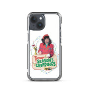 Clear case on a dark iPhone showing the Svengoolie and Kerwyn Season's Creepings design with string lights.