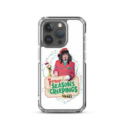Clear case on a dark gray iPhone showing the Svengoolie and Kerwyn Season's Creepings design with string lights.
