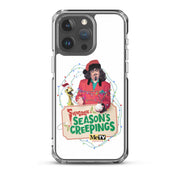 Clear case on a dark gray iPhone showing the Svengoolie and Kerwyn Season's Creepings design with string lights.