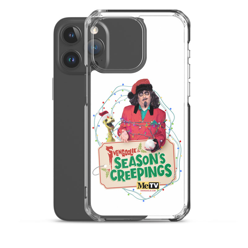 Angled view of clear case on a dark gray iPhone showing the Svengoolie and Kerwyn Season's Creepings design on the back.