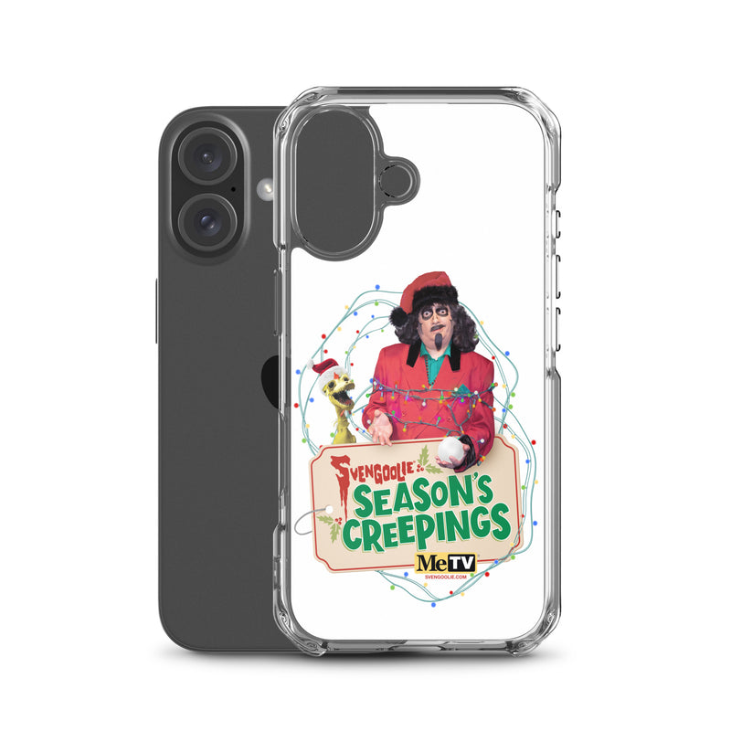 Angled view of the clear Svengoolie Christmas case on a dark phone, showing the raised camera lip and clear sides.
